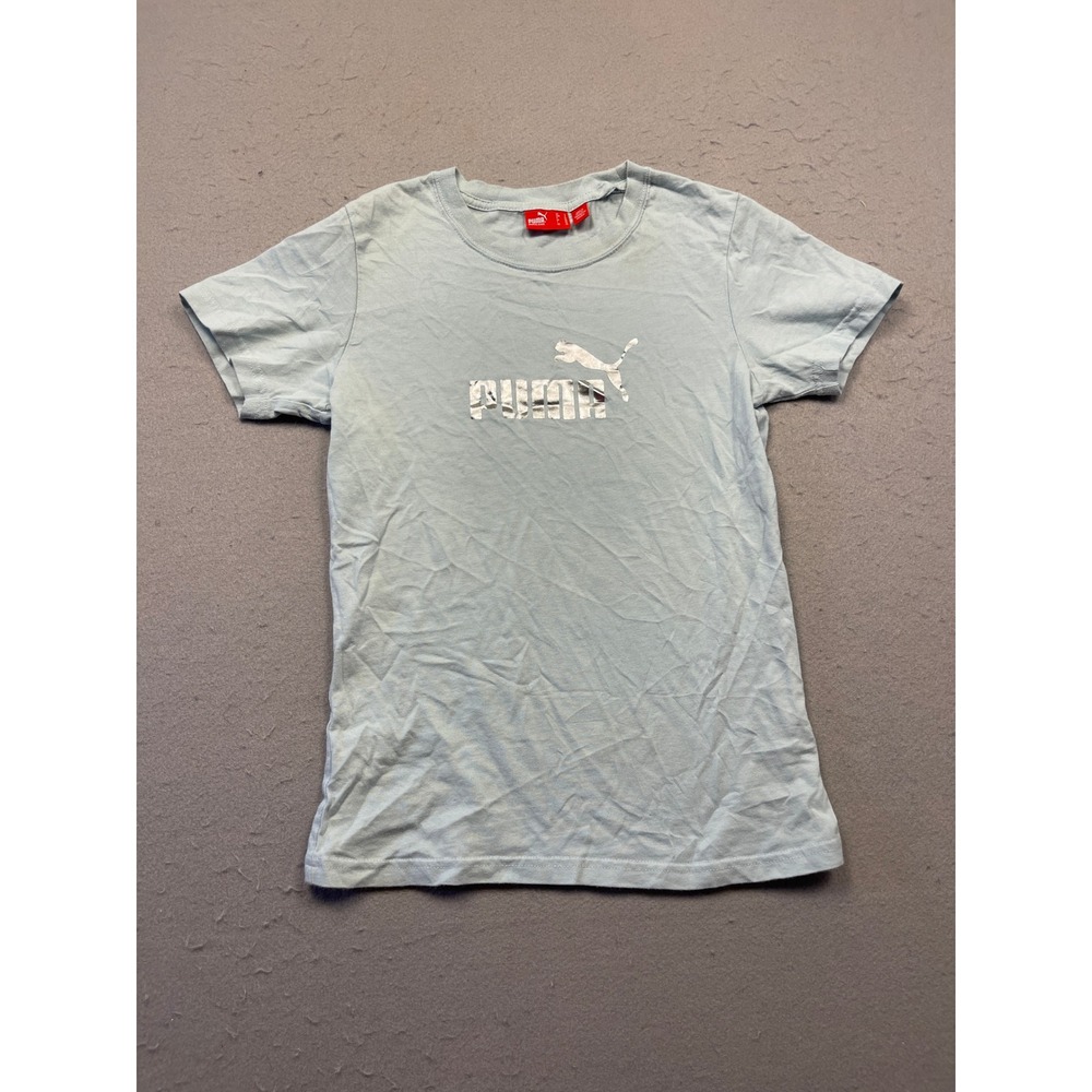 Puma T-Shirt Cotton Blend Light Blue Silver Foil Logo Size Small Womens